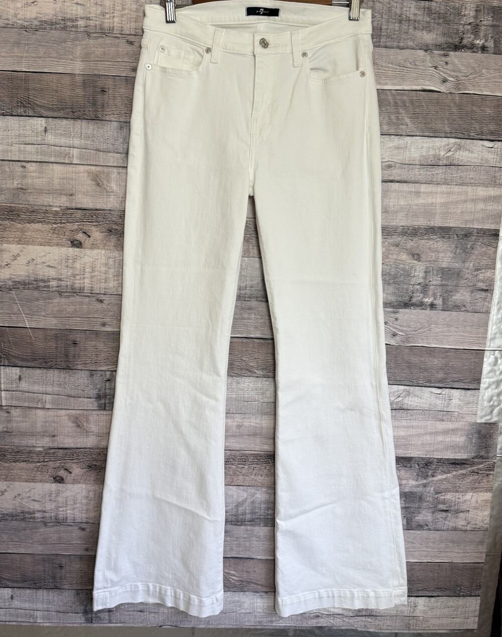 7 For All Mankind Flared Jeans Womens 29 White Denim Dojo Mid Rise